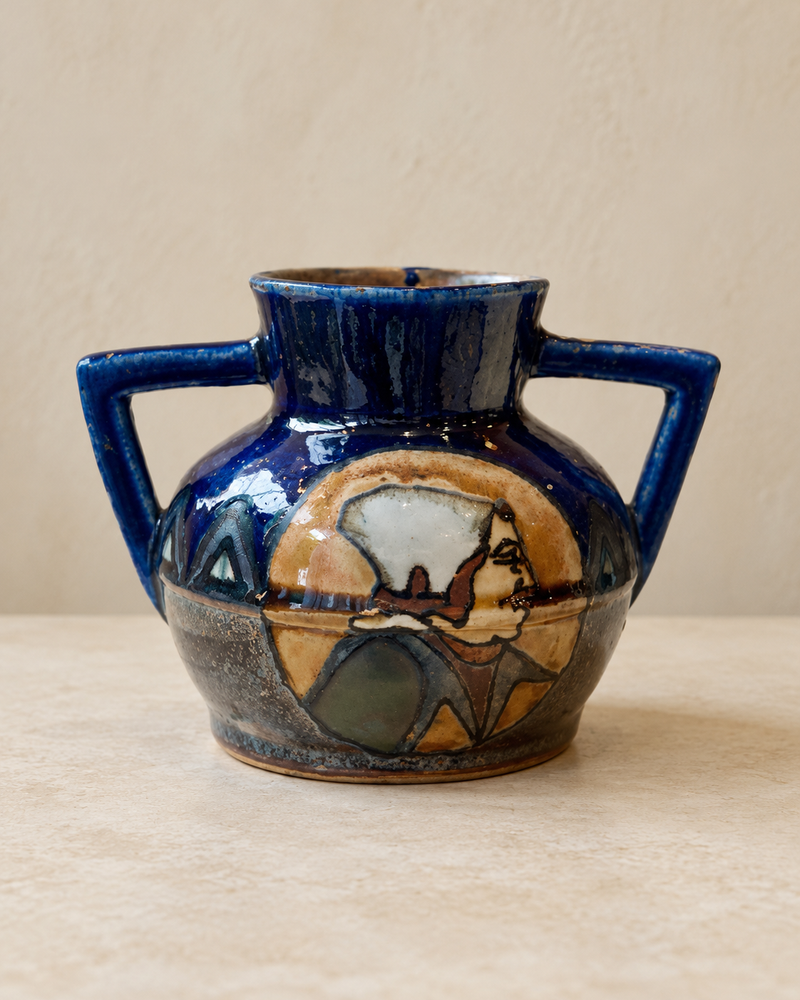 Vase HB Quimper Odetta en grès émaillé bleu cobalt — décor Art Déco, années 1920