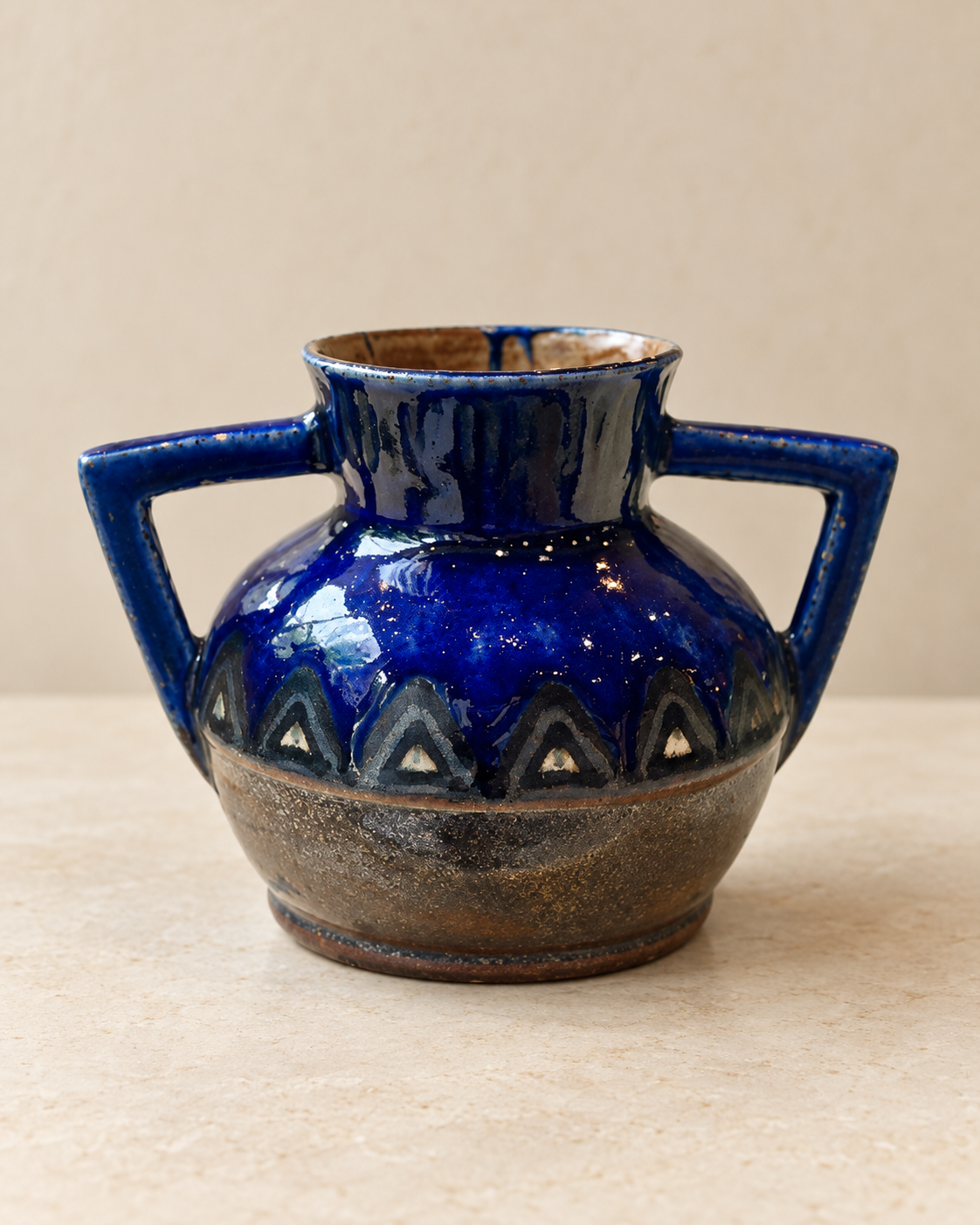 Vase HB Quimper Odetta en grès émaillé bleu cobalt — décor Art Déco, années 1920