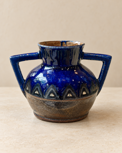 Vase HB Quimper Odetta en grès émaillé bleu cobalt — décor Art Déco, années 1920