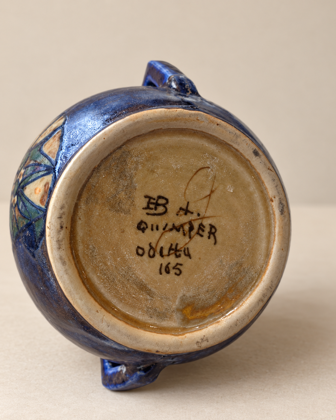 Vase HB Quimper Odetta en grès émaillé bleu cobalt — décor Art Déco, années 1920